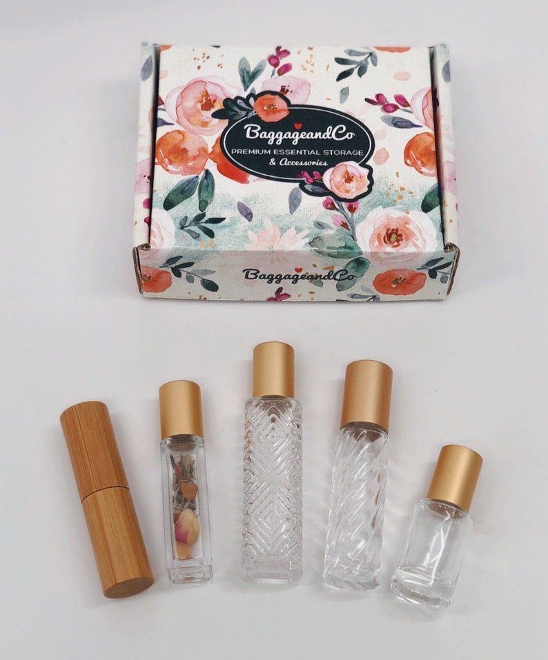 NEW 5 pack variety box of our best sellers Gypsy swirl, BOHO bottle, Wooden roller, Square and our Petal bottle perfect for your pocket image 2