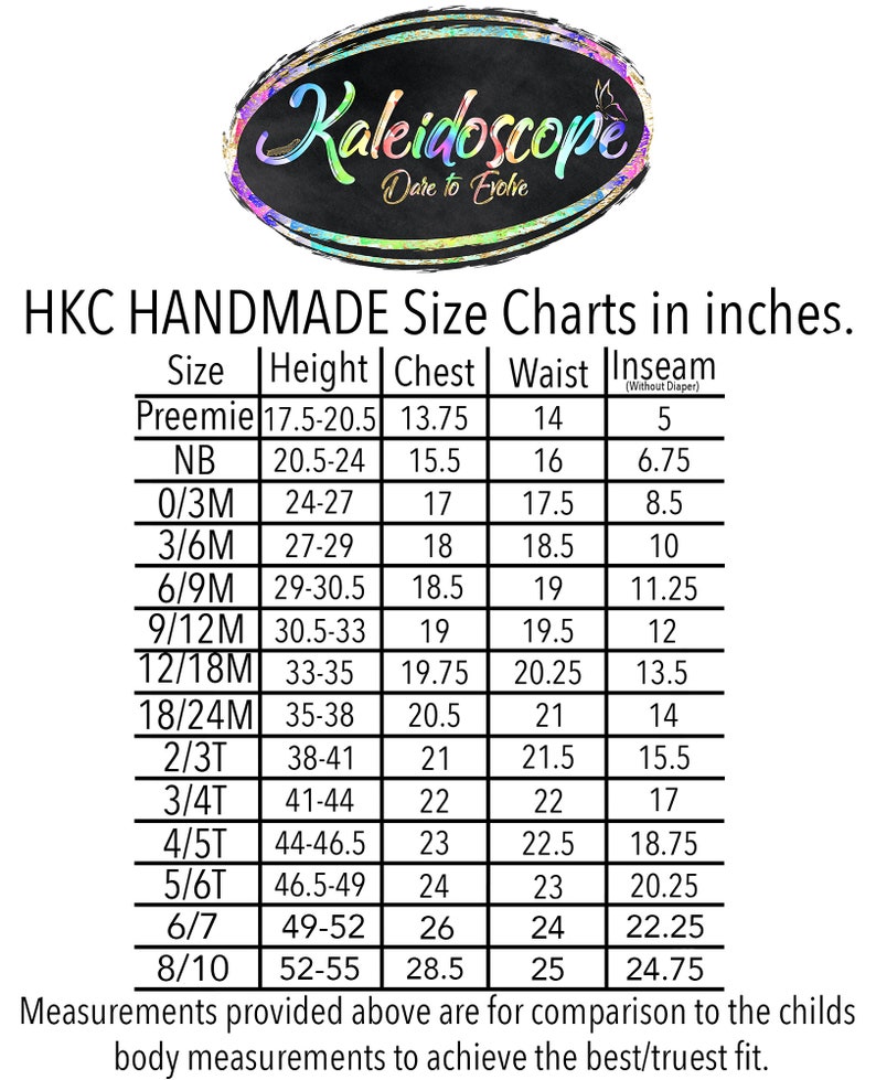 Puede incluir: Una tabla de tallas para ropa hecha a mano en pulgadas, que muestra las medidas de altura, pecho, cintura y entrepierna para tallas que van desde prematuro hasta 8/10.