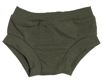 May include: A pair of olive green underwear made of a soft, stretchy fabric.