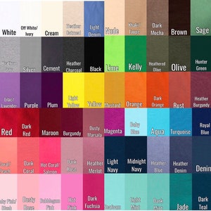 May include: A colour chart displaying 48 different fabric colours. The colours are arranged in rows and columns, with each colour labelled with its name. The colours include white, cream, light denim, nude, khaki, dark mocha, brown, sage, heather grey, silver, cement, charcoal, black, lime, kelly, olive, hunter green, lilac, purple, plum, light yellow, yellow, mustard, orange, dark orange, rust, heather burgundy, red, dark red, maroon, burgundy, dusty marsala, magenta, baby blue, aqua, turquoise, royal blue, coral, dark coral, hot coral, dark rose, heather merlot, light navy, midnight navy, heather blue, heather denim, denim, baby pink, dusty rose, bubblegum pink, hot pink, dark fuchsia, seafoam, light mint, dark mint, jade, and dark teal.
