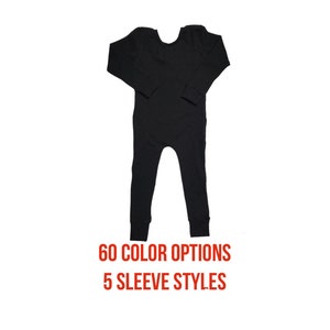 May include: Black long-sleeved jumpsuit with a crew neck. 60 Color Options. 5 Sleeve Styles.