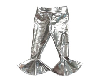 Silver Bell Bottoms (Metallic bell bottoms, toddler bell bottoms, kids bell bottoms, baby bell bottom, dance bell bottom, silver bell pants)