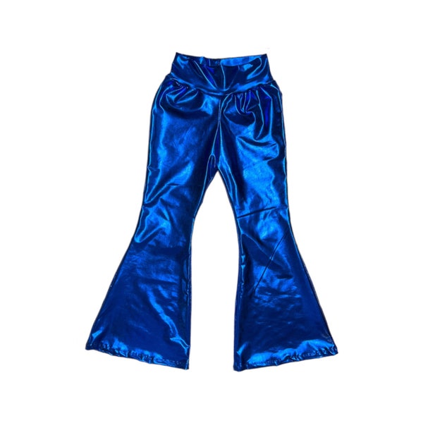 May include: Bright blue, high-waisted flare pants. The pants have a shiny, metallic finish and a wide leg opening. The fabric appears to be a smooth, synthetic material. The pants are designed with a gathered detail at the waist.