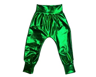 Calças Harém Verdes (calças harém metálicas, calças harém para bebês, calças harém infantis, calças harém infantis, calças harém femininas, calças harém masculinas)