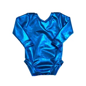 May include: A bright blue long-sleeved leotard with a metallic sheen.