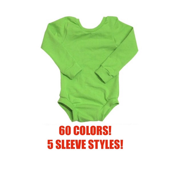 May include: A bright green long-sleeved bodysuit for babies. The bodysuit has a round neckline and is made of a soft, stretchy fabric. 60 COLORS! 5 SLEEVE STYLES!