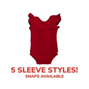 May include: Red sleeveless leotard with ruffled sleeves and a scoop neck. The leotard has a snap closure. 5 Sleeve Styles! Snaps Available.