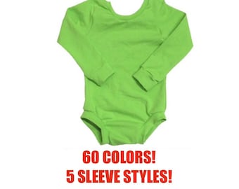 May include: A bright green long-sleeved bodysuit for babies. The bodysuit has a round neckline and is made of a soft, stretchy fabric. 60 COLORS! 5 SLEEVE STYLES!