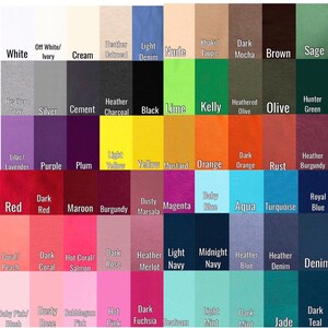 May include: A color chart showing 40 different colors of fabric. The colors are arranged in rows and columns, and each color is labeled with its name. The colors include white, cream, oatmeal, denim, nude, taupe, mocha, brown, sage, gray, silver, cement, charcoal, black, lime, kelly, olive, hunter green, lilac, purple, plum, yellow, mustard, orange, rust, burgundy, red, maroon, marsala, magenta, blue, aqua, turquoise, coral, salmon, rose, merlot, navy, midnight navy, denim, teal, pink, fuchsia, seafoam, mint, and jade.
