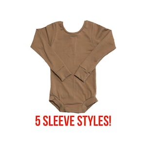 May include: A brown long-sleeved bodysuit with a scoop neck. The bodysuit has a fitted silhouette and is made of a soft, stretchy fabric. 5 Sleeve Styles!