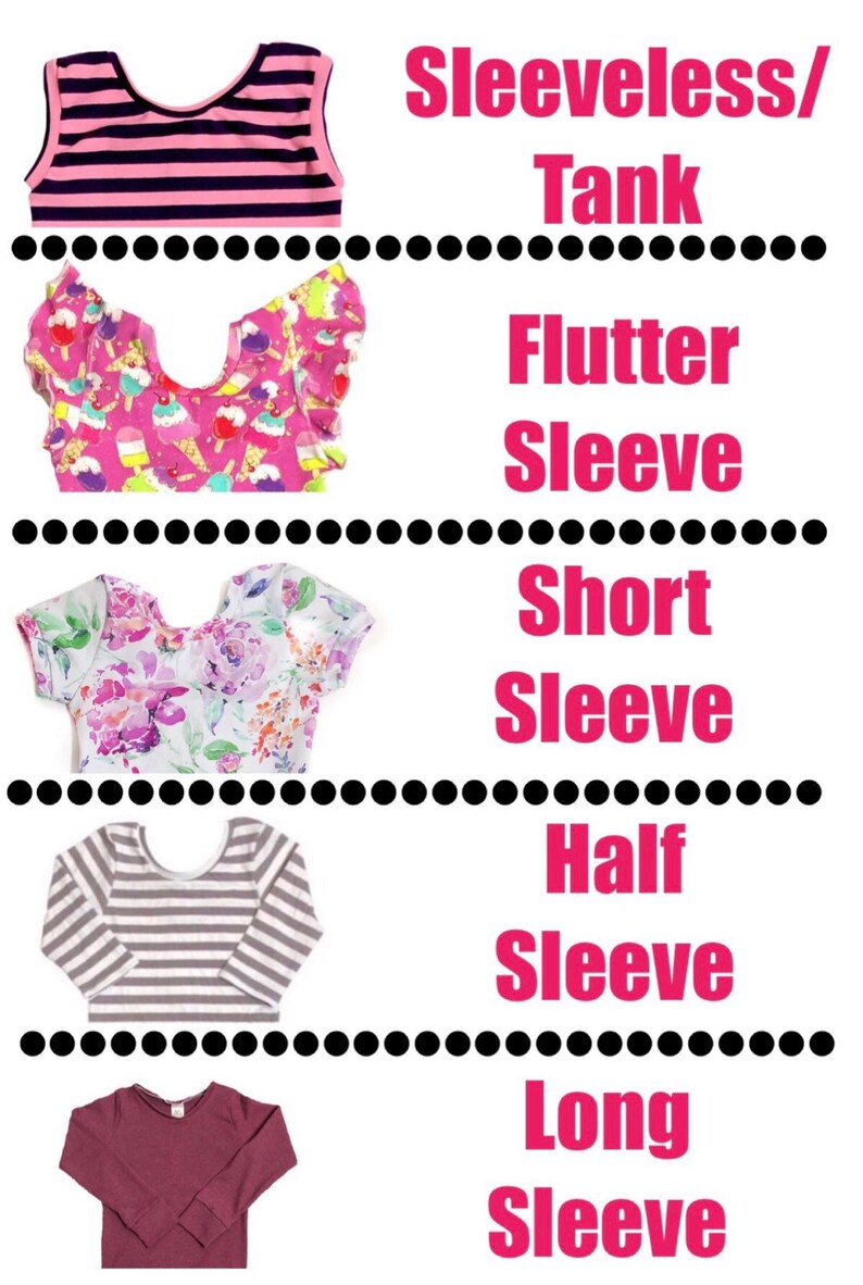 May include: A visual guide to different sleeve lengths for shirts. The image shows five shirts with different sleeve lengths: sleeveless, flutter sleeve, short sleeve, half sleeve, and long sleeve.