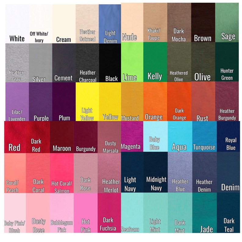 Puede incluir: Una carta de colores que muestra 40 colores de tela diferentes. Los colores est&aacute;n dispuestos en filas y columnas, con cada color etiquetado con su nombre. Los colores incluyen blanco, crema, avena, denim, nude, topo, moca, marr&oacute;n, salvia, gris jaspeado, plata, cemento, carb&oacute;n vegetal, negro, lima, kelly, oliva, verde cazador, lila, lavanda, morado, ciruela, amarillo claro, amarillo, mostaza, naranja, naranja oscuro, &oacute;xido, burdeos jaspeado, rojo, rojo oscuro, granate, burdeos, marsala polvoriento, magenta, azul beb&eacute;, aguamarina, turquesa, azul real, coral, melocot&oacute;n, coral oscuro, coral caliente, salm&oacute;n, rosa oscuro, merlot jaspeado, azul marino claro, azul marino oscuro, azul jaspeado, denim jaspeado, denim, rosa beb&eacute;, rubor, rosa polvoriento, rosa chicle, rosa intenso, fucsia oscuro, espuma de mar, menta clara, menta oscura, jade y azul oscuro.