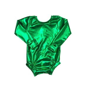 May include: A bright green long-sleeved leotard with a shiny metallic finish.