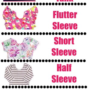 May include: A visual guide to different sleeve lengths for shirts. The image shows five shirts with different sleeve lengths: sleeveless, flutter sleeve, short sleeve, half sleeve, and long sleeve.