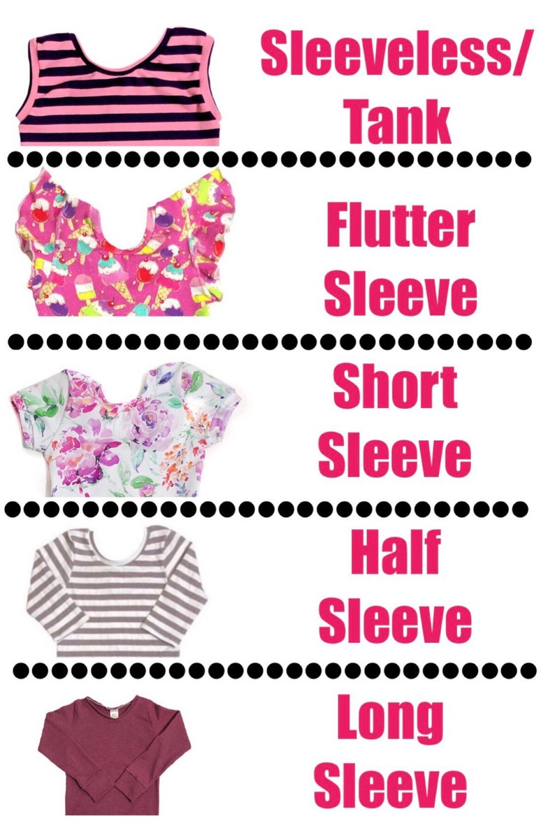 May include: A visual guide to different sleeve lengths for shirts. The image shows five shirts with different sleeve lengths: sleeveless, flutter sleeve, short sleeve, half sleeve, and long sleeve.