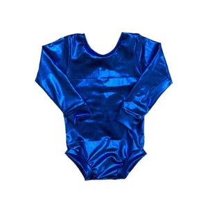 May include: A royal blue long-sleeved leotard with a shiny metallic finish.