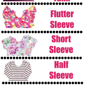 May include: A visual guide to different sleeve lengths for shirts. The image shows five shirts with different sleeve lengths: sleeveless, flutter sleeve, short sleeve, half sleeve, and long sleeve.
