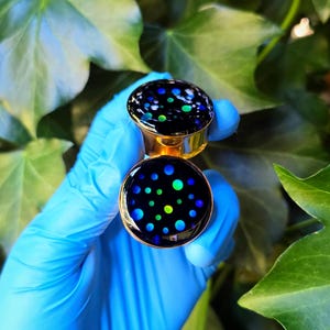 Puede incluir: Un par de dilatadores de oreja dorados con una cara negra, decorados con un patrón de puntos azules, verdes y amarillos. Los dilatadores se sostienen sobre un fondo de hojas de hiedra verdes.