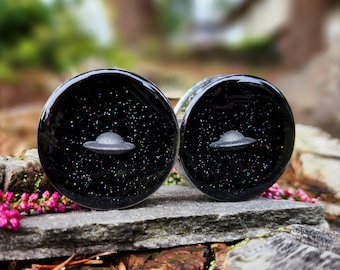 Bouchons ovnis, ovni, extraterrestres, soucoupe volante, espace, cryptide, enlèvement, oreillettes, paire de jauges, 3/4", 7/8", 1", 28 mm, 32 mm, 35 mm, 38 mm