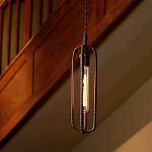 Rebar Pendant Light/Accent Lighting/Eclectic Style/Rebar/Vintage Style Faraday Bulb/Twisted Cloth Wire/Customizable Finishes/Free Shipping