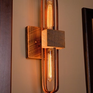 Sconce Light/Vanity Light/Wall Fixture/Reclaimed Barn Wood in Rubbed Red Finish/Rebar/Distinctive Decor/Vintage Style Bulbs/Free Shipping