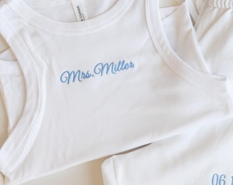 Bachelorette outfit, Bride Tank Top, Getting Ready Shirt, Custom Embroidered Bridal Tank, Wedding Morning