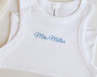 Mrs. Tank Top, Custom Mrs. Embroidered Spaghetti Strap Tank Top, Bride T-Shirt, Engagement Gift, Bachelorette Party Shirt, Bride to Be Tank