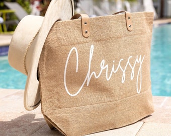 Personalized Burlap Tote Bags, Custom Name Jute Bag, Bridesmaid Gift Bag, Bachelorette Party Monogram Beach Bag, Wedding Favors Gift for Her