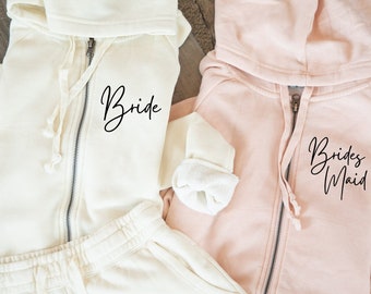 Gift Set for Bride or Bridal Party with Title, Name, Date - Bridal Shower or Bridal Proposal Gift - Zip Up Sweatshirt with Joggers or Shorts