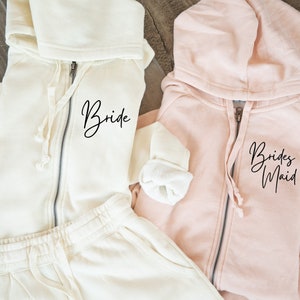 Gift Set for Bride or Bridal Party with Title, Name, Date - Bridal Shower or Bridal Proposal Gift - Zip Up Sweatshirt with Joggers or Shorts