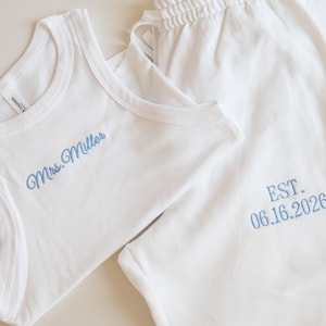 Mrs. Pajama Set, Mrs Tank & Joggers, Bridal Pjs, Bride Pajamas, Mrs. Set, Bridal Shower Outfit, Engagement Gift for Her, Embroidered