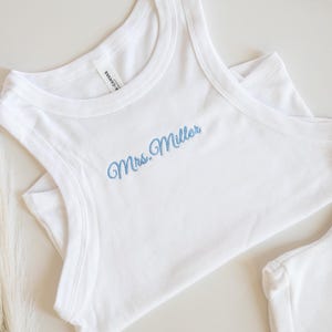 Mrs. Tank Top, Custom Mrs. Embroidered Spaghetti Strap Tank Top, Bride T-Shirt, Engagement Gift, Bachelorette Party Shirt, Bride to Be Tank