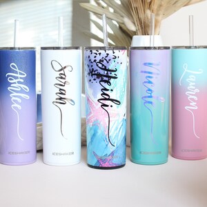 May include: Five personalized stainless steel tumblers with different colored ombre gradients and designs. The tumblers are labeled "Ashlee", "Sarah", "Heidi", "Nicole", and "Lauren".