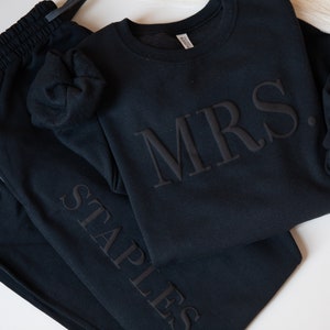 Custom Embossed Bridal Gift, Mrs. Sweatshirt, New Mrs. Pullover, Bride Sweatshirt, Bride to Be Sweater, White or Black Jogger Set for Mrs