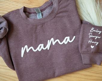 Personalized Mama Est Sweatshirt with Kid Names on Sleeve, Mothers Day Gift, Birthday Gift for Mom, New Mom Gift, Minimalist Mom Sweater