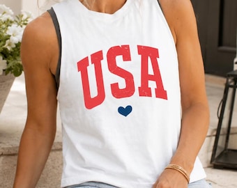 Distressed USA Tank Top, American Tank Top, 4th of July Tank, Cropped Tank For July 4th, Red White and Blue