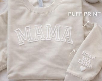 Minimalist Mama Sweatshirt Puff Print, Aesthetic Mom Crewneck, Custom Name Sleeve Sweatshirt, Neutral Cozy Mama Sweater