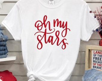 4th of July Shirt Puff Women Embossed Oh My Stars Patriotic Funny America Tee Festive America USA tshirt July 4th shirt