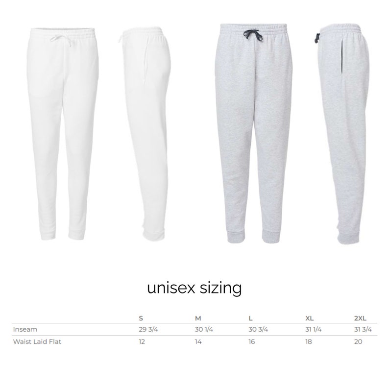 May include: Unisex sweatpants in white and gray with a drawstring waistband. Size chart shows inseam and waist measurements in inches.