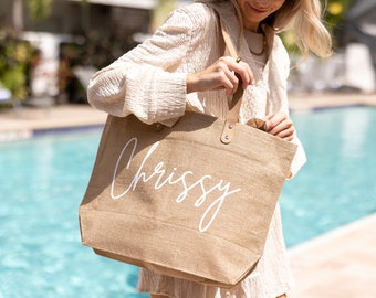 waterproof burlap tote bag personalized with name - burlap tote bag with zipper and inside pocket - waterproof beach bag - burlap bag