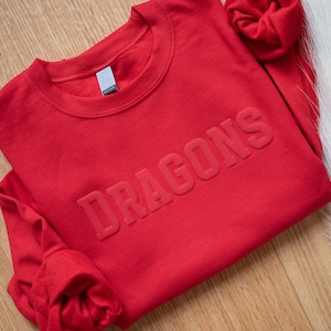 May include: Red long-sleeved sweatshirt with the word "DRAGONS" embossed in white.