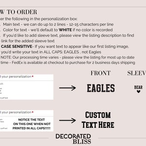 Puede incluir: Un gr&aacute;fico que muestra c&oacute;mo personalizar una camiseta personalizada con texto. El texto "NOTICE THE TEXT ON THIS ONE WHEN NOT PRINTED IN ALL CAPS!!!!!" se muestra en un cuadro blanco con borde negro. El texto "CUSTOM TEXT HERE" se muestra en un cuadro negro con borde blanco. El texto "EAGLES" se muestra en un cuadro negro con borde blanco. El texto "BEAR" se muestra en un cuadro negro con borde blanco.