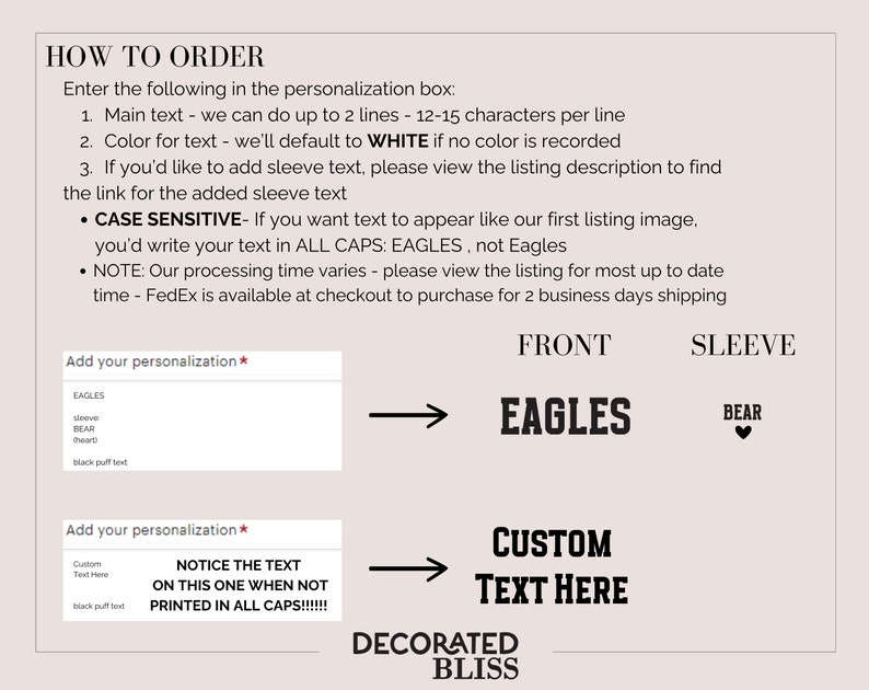 Puede incluir: Un gr&aacute;fico que muestra c&oacute;mo personalizar una camiseta personalizada con texto. El texto "NOTICE THE TEXT ON THIS ONE WHEN NOT PRINTED IN ALL CAPS!!!!!" se muestra en un cuadro blanco con borde negro. El texto "CUSTOM TEXT HERE" se muestra en un cuadro negro con borde blanco. El texto "EAGLES" se muestra en un cuadro negro con borde blanco. El texto "BEAR" se muestra en un cuadro negro con borde blanco.