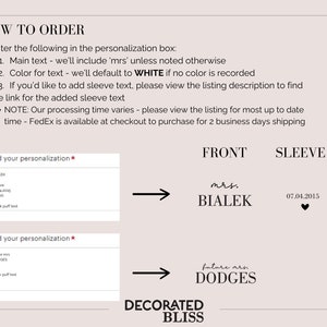 K&ouml;nnte beinhalten: Grafik mit Anweisungen zur Bestellung von personalisiertem Text. Beispiele zeigen "mrs. BIALEK" und "future mrs. DODGES" mit Daten und einem Herzsymbol. Der Text ist schwarz auf hellbeigem Hintergrund.