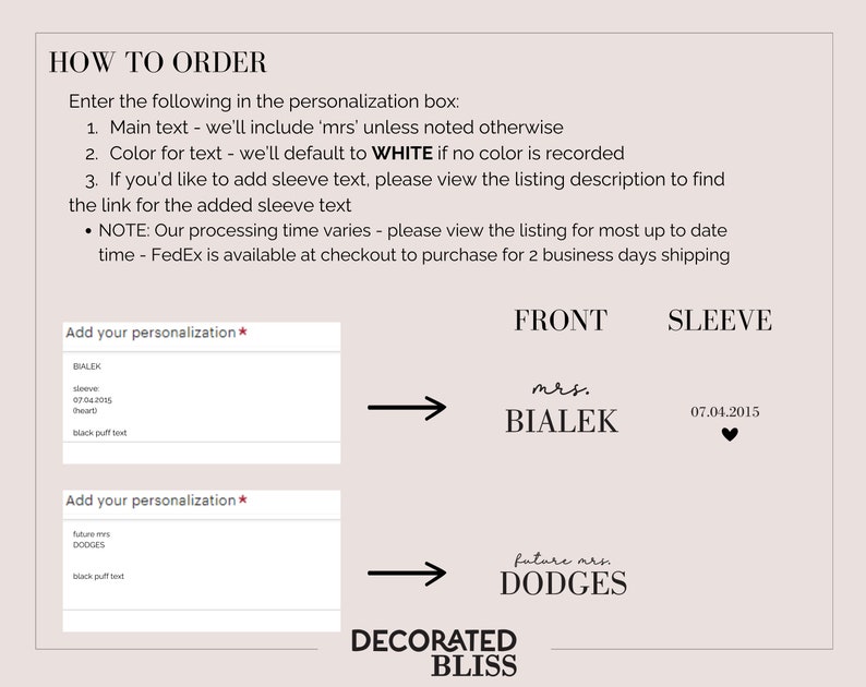 K&ouml;nnte beinhalten: Grafik mit Anweisungen zur Bestellung von personalisiertem Text. Beispiele zeigen "mrs. BIALEK" und "future mrs. DODGES" mit Daten und einem Herzsymbol. Der Text ist schwarz auf hellbeigem Hintergrund.