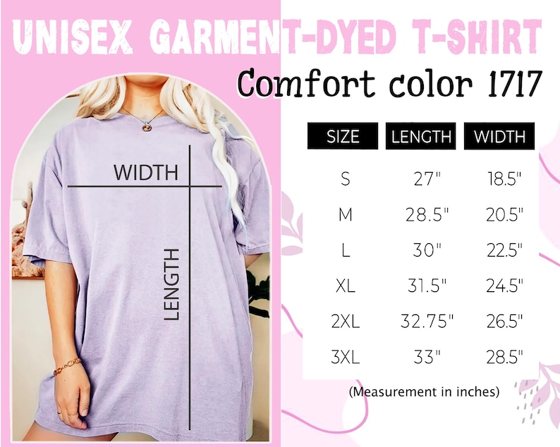 May include: A unisex garment-dyed t-shirt in a light purple color. The t-shirt has a relaxed fit and is available in sizes S-3XL. The size chart shows the length and width of the t-shirt in inches.