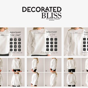 Puede incluir: La imagen muestra una sudadera blanca con una tabla de tallas que indica las medidas de ancho y largo. Las tallas S, M, L y XL se enumeran con medidas en cm. La marca "DECORATED BLISS" es visible en la parte superior.