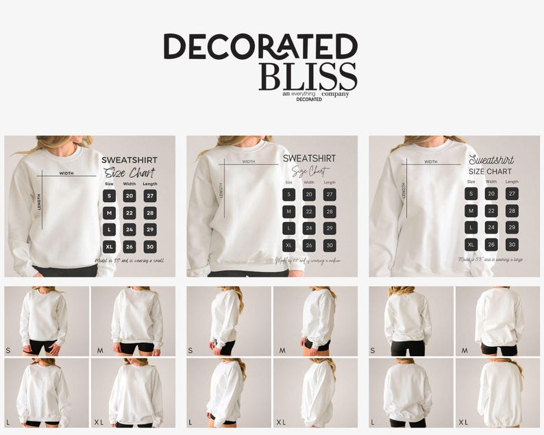 Puede incluir: La imagen muestra una sudadera blanca con una tabla de tallas que indica las medidas de ancho y largo. Las tallas S, M, L y XL se enumeran con medidas en cm. La marca "DECORATED BLISS" es visible en la parte superior.