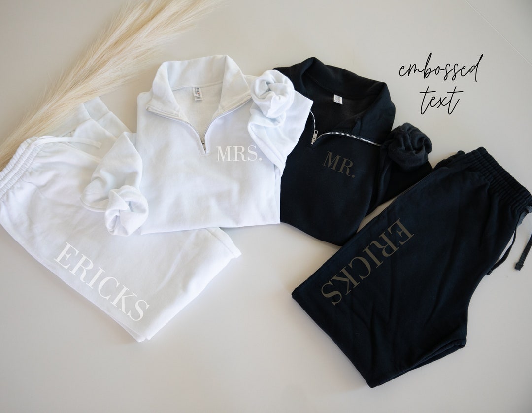 Embossed New Mrs. Bridal Gift Set Bride Sweatshirt Quarter Zip Sweats Honeymoon Outfit Personalized