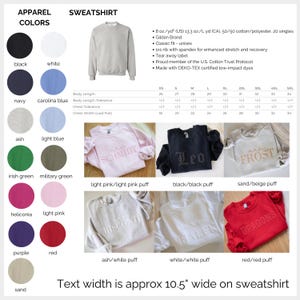 Puede incluir: Un gr&aacute;fico que muestra diferentes colores de sudaderas y colores de texto. El texto dice "El ancho del texto es de aproximadamente 10,5" de ancho en la sudadera".